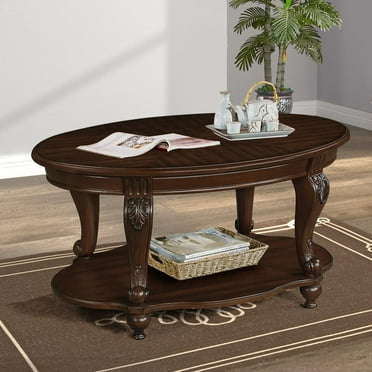 Gzxs 42" Oval Coffee Table in Cherry, Retro Wood Cocktail Table with Open Shelf, 2-Tier Center Table for Living Room Home Office