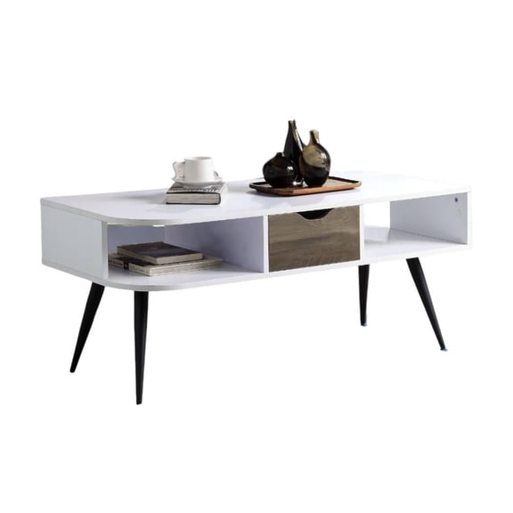 Gzxs 44" Coffee Table with 1 Drawer and 2 Open Compartments, Wood Center Table with Metal Legs for Living Room, Bedroom, Home Office, Curved Edges (White and Black)