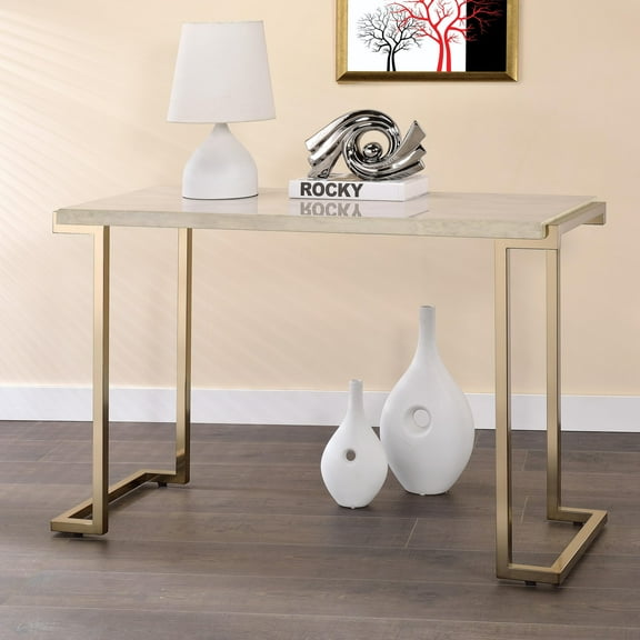 Gzxs 44" Entryway Console Table, Modern Sofa Table with Geometric Metal Base and Faux Marble Top, Accent Hallway Table for Living Room, Hallway, Foyer, Champagne