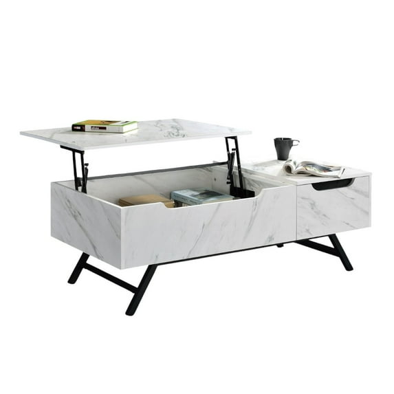 Gzxs 48" Lift Top Coffee Table for Living Room, Rising Wooden Center Table with Metal Legs, Storage Drawer and Hidden Compartment, White Marbling