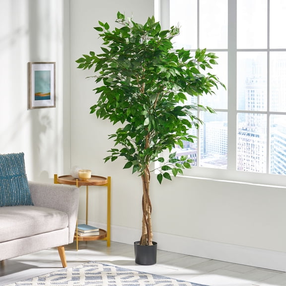 Gzxs 5.9ft Ficus Artificial Trees with Natural Twisted Trunks, 70.9" Tall Lush Faux Tree for Home Decor Indoor, Green Lifelike Fake Ficus Tree Artificial Plants