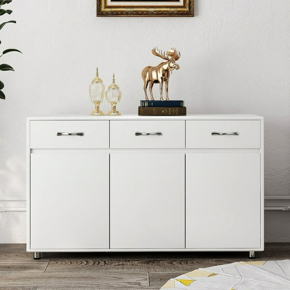 Gzxs 52.56"W White 3 Door Buffet Cabinet, Coffee Bar Cabinet with 3 Drawers and Adjustable Shelf, Kitchen Buffet Sideboard for Living Room, Dining Room