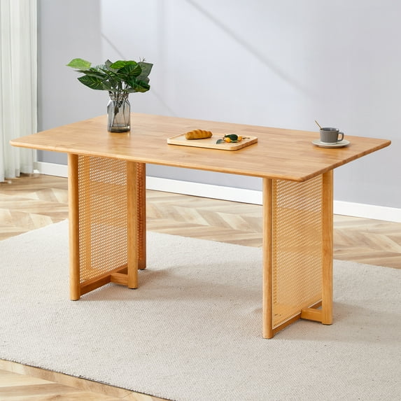 Gzxs 59 Inch Wood Dining Table, Traditional Writing Work/Study Computer Desk with Rattan Decorated Legs for Home Office & Bedroom, Modern Kitchen Dinner Tables for 4, Easy Assembly, Natural