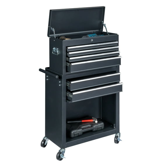 Gzxs 6-Drawer Rolling Tool Chest, Tool Cabinet Box with Wheels and Drawers, Tool Cabinet Storage Box, Adjustable Shelf, Portable with Wheels and Lock for Warehouse, Repair Shop (Black)