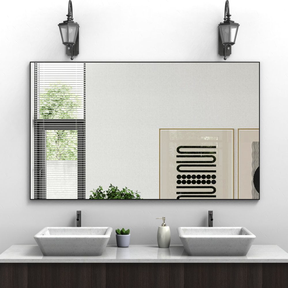 Large Black Aluminum Framed Rectangular Wall Mirror, 60" x 36"