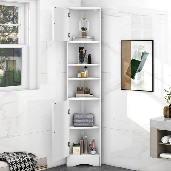 Gzxs 67" H Tall Bathroom Storage Cabinet w/ 2 Doors & Open Shelves, Corner Freestanding Cabinet w/Adjustable Shelves for Home, Kitchen, White