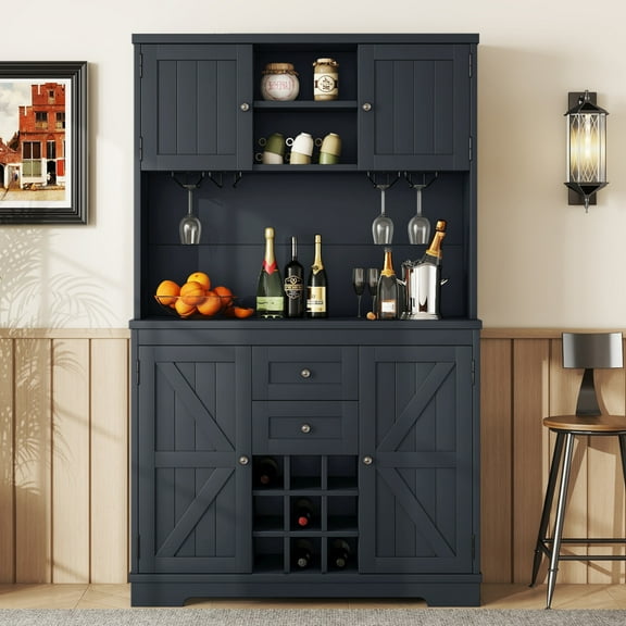 Gzxs 73.82"H Farmhouse Kitchen Pantry Bar Cabinet with Hutch and Drawers, Liquor Cabinet with Wine Racks and Goblet Holder, Sideboard with Large Countertop for Dining Room, Antique Blue