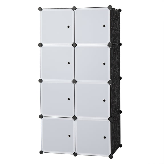 Gzxs 8 Cube Organizer Stackable Plastic Cube Storage Shelves Design Multifunctional Modular Closet Cabinet with Hanging Rod White Doors and Black Panels