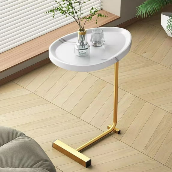 Gzxs Accent C-Shaped End Table with Wooden Top, Under Couch Modern Coffee Table with Metal Frame, Indoor&Outdoor Sofa Side Table for Living Room, Bedroom, Patio, 17.72"Lx11.81"Wx23.62"H, White+Gold