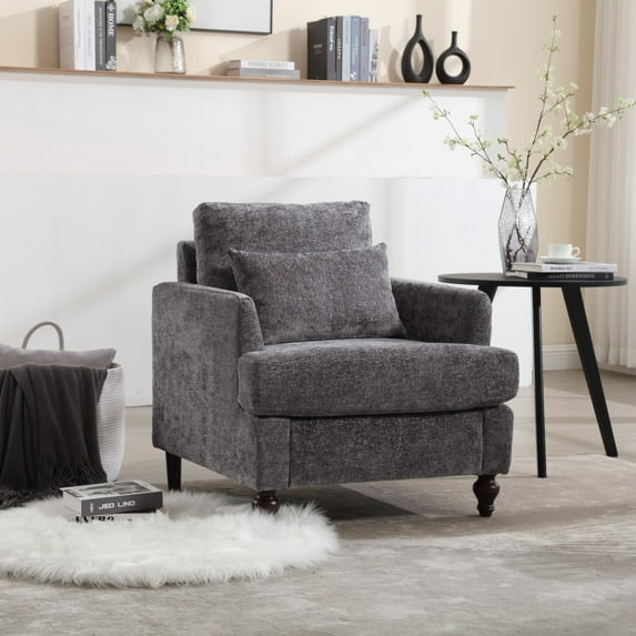 Gzxs Accent Chair, Chenille Upholstered Mid Century Modern Chair with Large Seat, Comfy Armchair Reading Chair Sofa Chair for Small Space Bedroom Living Room (Gray)