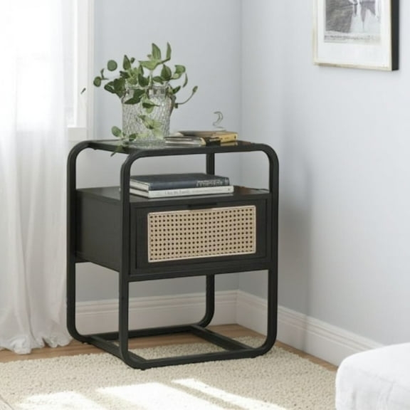 Gzxs Accent Nightstand - Modern Storage Side Table with Tempered Glass To, Open Shelf, Rattan Drawer and Metal Frame, 16"D x 19"W x 24"H, Black