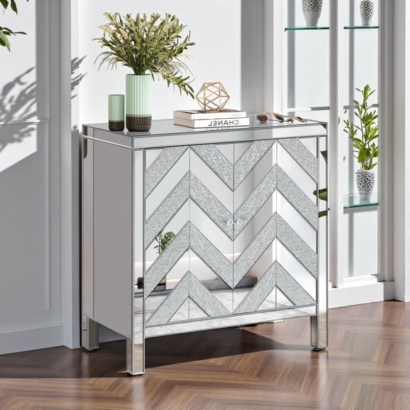 Gzxs Accent Storage Cabinet with 2 Doors, Mirrored Sideboard Buffet Cabinet with Adjustable Shelves for Living Room Dining Room, 31.5"L x 15.94"W x 32.5"H, Silver