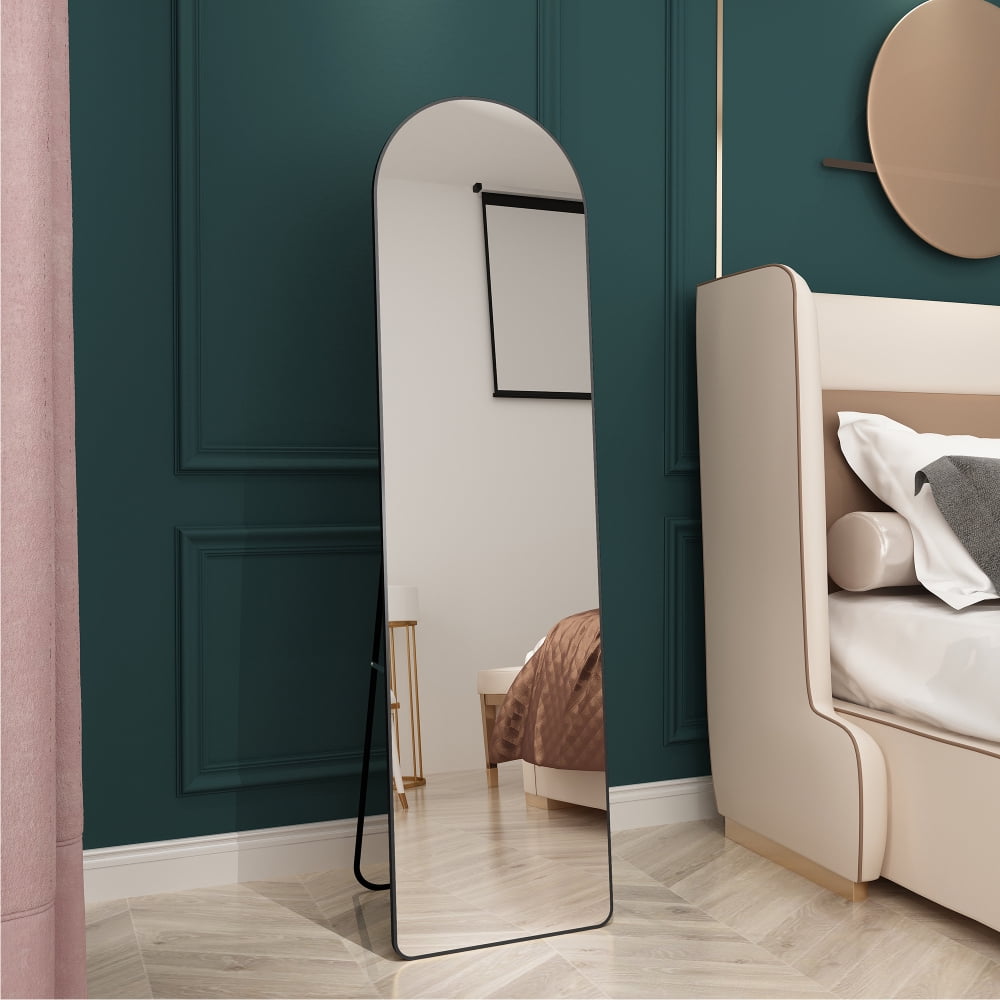 Arched Black Aluminum Full Length Mirror with Stand