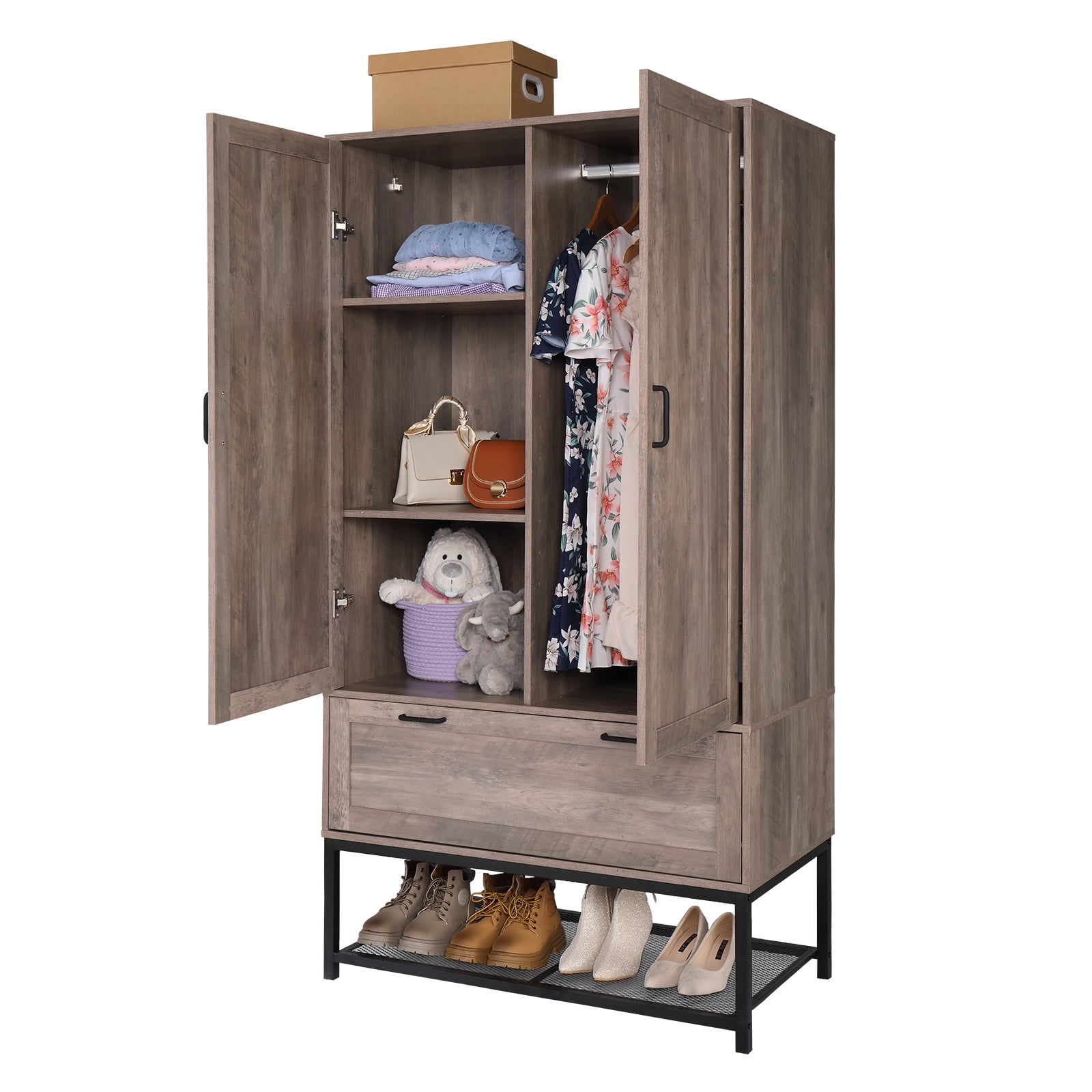 Gzxs Armoires with 2 Hanging Rods Doors Drawer, Wood, Gray, 38L x 20 5