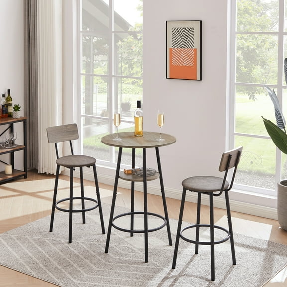 Gzxs Bar Table and Chairs Set for 2, 3 Piece Round Bistro Pub Table with 2 PU Upholstered Stools,Counter Height Bar Table with Shelf for Kitchen,Living Room,Bar,Small Spaces (Gray)