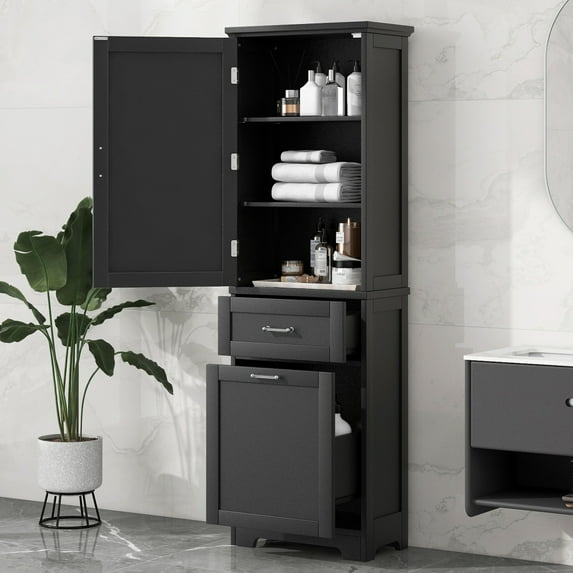 Gzxs Bathroom Storage Cabinet, 68.4" Tall Cabinet with 1 Door, Adjustable Shelves and 2 Drawers, Floor Standing Cabinet for Living Room, Entryway, Kitchen (Black)