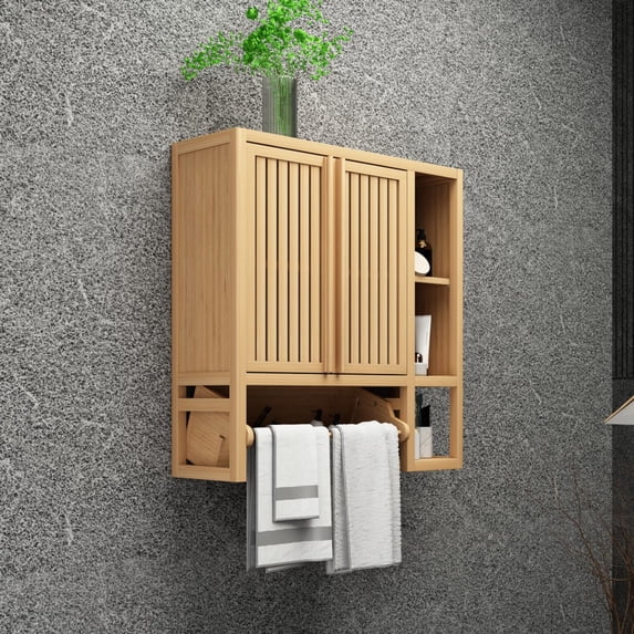 Gzxs Bathroom Wall Cabinet, 2-Doors Bamboo Medicine Cabinets with Towel Bar, Wall Mounted Storage Cabinet with Open Shelves, Over The Toilet Space Saver Organizer for Small Spaces, Natural