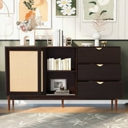 Gzxs Buffet Cabinet with 3 Storage Drawers and Sliding Rattan Doors, Accent Storage Cabinet Retro Credenza Sideboard for Living Room Entryway, Brown