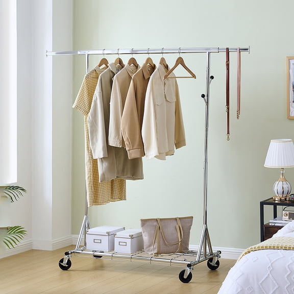 Gzxs Clothes Rack on Wheels, Height-Adjustable Heavy-Duty Metal Garment Rack with Extendable Rod and Bottom Basket, (47.24-75) x 21.4 x (57.63-67.48) Inches, Silver