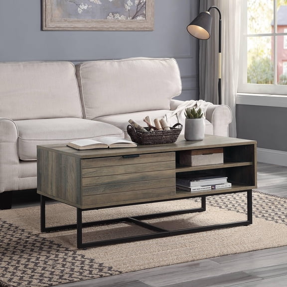 Gzxs Coffee Table, 42" Cocktail Table with Open Compartments & Adjustable Shelves & Metal Base, Industrial Wood Center Table for Living Room, Apartment, Bedroom, Rustic Oak & Black