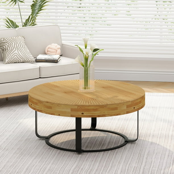 Modern Round Wooden Carving Pattern Coffee Table Natural Black