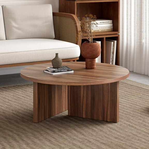 Gzxs Coffee Table in Walnut Finish, 31.5 Inch Accent Round Center Cocktail Table for Living Room Home Office Bedroom Apartment