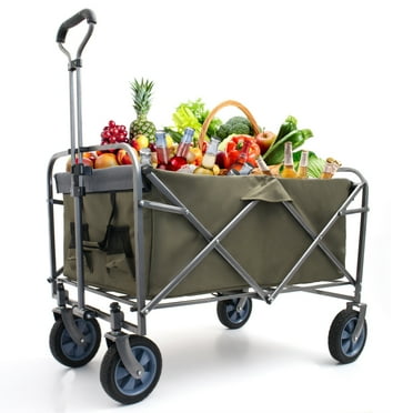 Gzxs Collapsible Wagon Carts with Large Capacity, Outdoor Utility Beach Wagons w/ Front Pockets & Adjustable Handle, 150lbs Load-Bearing for Camping, Garden, Sports, Picnic, Shopping - Khaki
