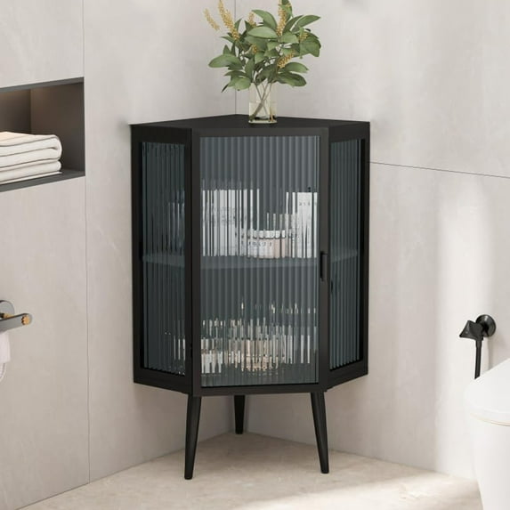 Gzxs Corner Cabinet w/Tempered Glass Door & Shelves, Accent Metal Storage Cabinet with Legs for Bathroom, Kitchen, Bedroom, Living Room (White)