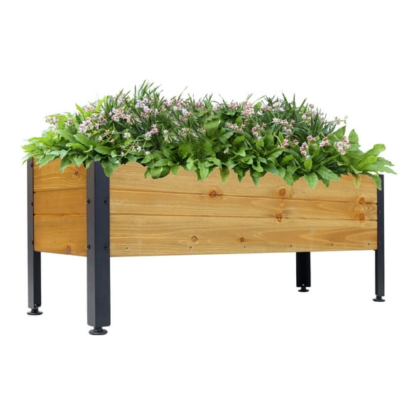 Gzxs Elevated Rectangular Garden Planter Box, 3ft Outdoor Wood Raised Planter Bed with Metal Legs and Detachable Liner for Herbs Vegetables Flowers (37"L x 12.75"W x 14.75"H, Brown)