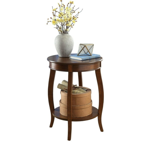 Gzxs End Table, 2 Tier Round Side Table with Storage Shelf, Modern Farmhouse Nightstand Bedside Table Accent Table w/ Curved Legs for Living Room Bedroom Small Space, 18 Inch, Walnut