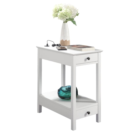 Gzxs End Table with 2 USB Charging Ports, Narrow Side Table with 2 Drawers and Open Shelves, White Nightstand Bedside Table for Living Room, Bedroom, 22"D x 13"W x 24"H