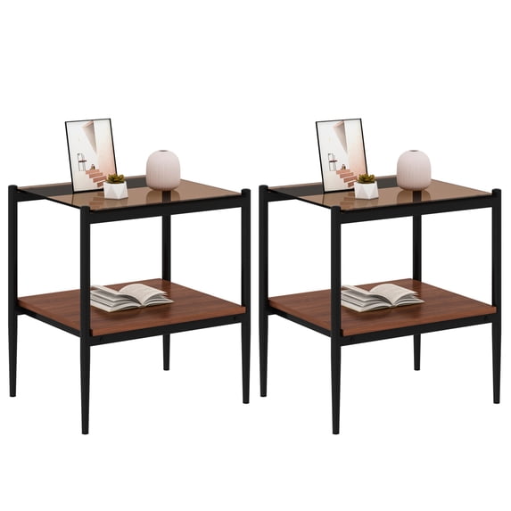 Gzxs End Tables Set of 2, Modern Glass Side Table with Open Shelf, 2-Tier Accent Rectangle Table with Black Metal Frame, for Living Room, Bedroom (Brown)
