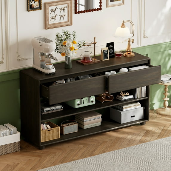 Gzxs Entryway Console Table with Storage, Vintage Accent Sofa Table with Open Shelves, 2 Drawers, No Handles Design, Solid Wood Legs, 58.3"L x 15.7"W x 31.5"H (Espresso)