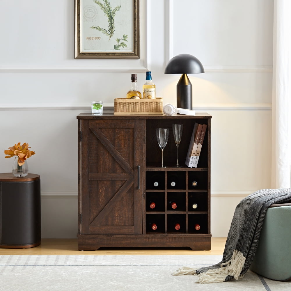 Espresso MDF Farmhouse Coffee Bar Cabinet with Wine Rack