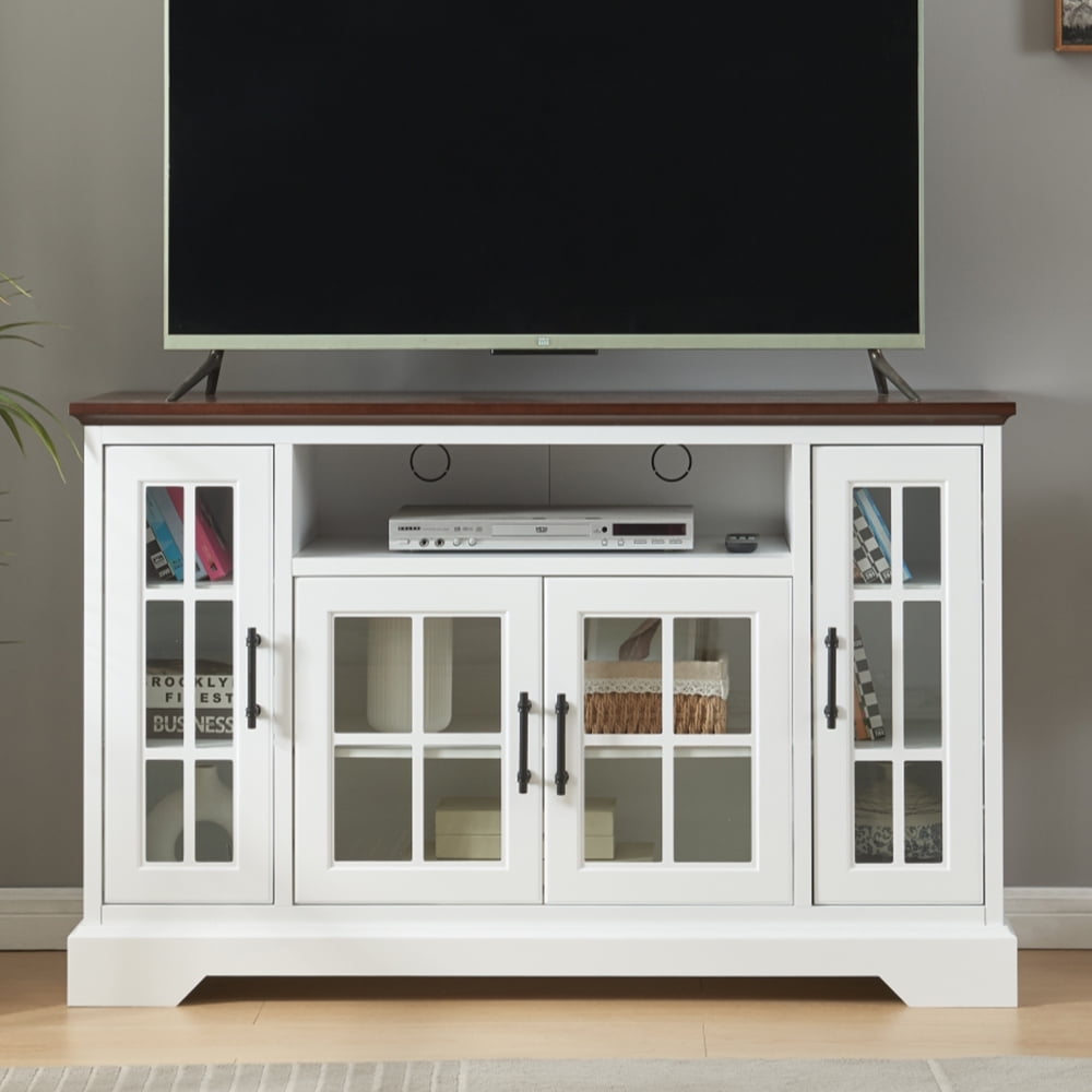 52" White and Walnut Farmhouse TV Stand with Glass Doors