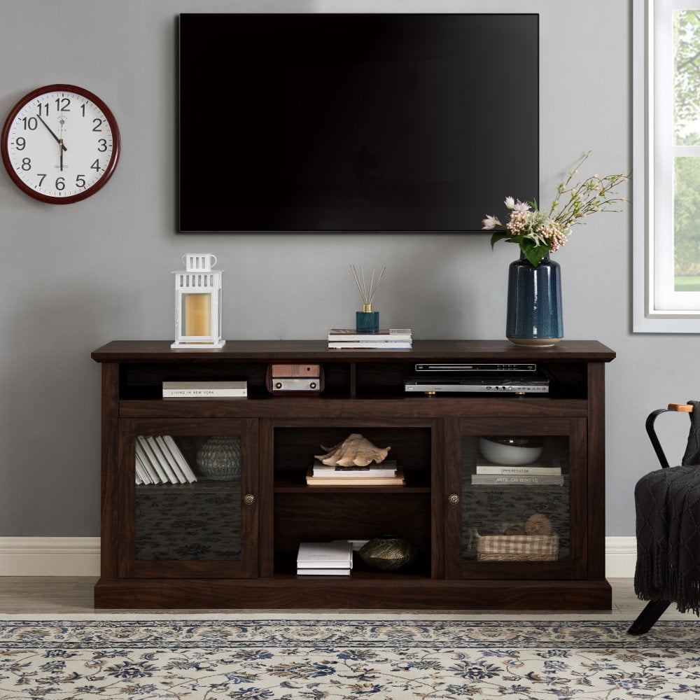 Brown MDF 60-Inch TV Stand with Glass Doors and Adjustable Shelves