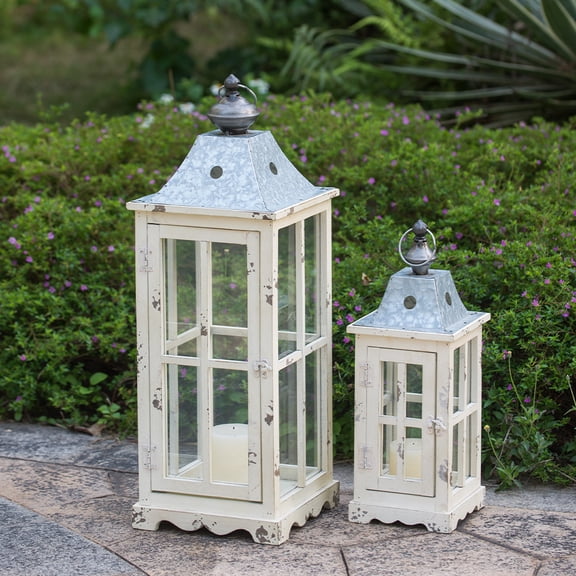 Gzxs Farmhouse Wood Lanterns Set of 2, 27.4" & 18.3" H Ivory White Decorative Candle Holders with Glass Shade & Metal Top, Hanging Lanterns for Garden Patio Wedding Parties (No Candles)