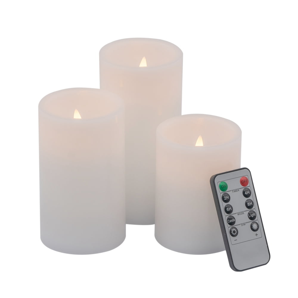 Set of 3 White Flameless LED Decorative Candles with Remote Timer