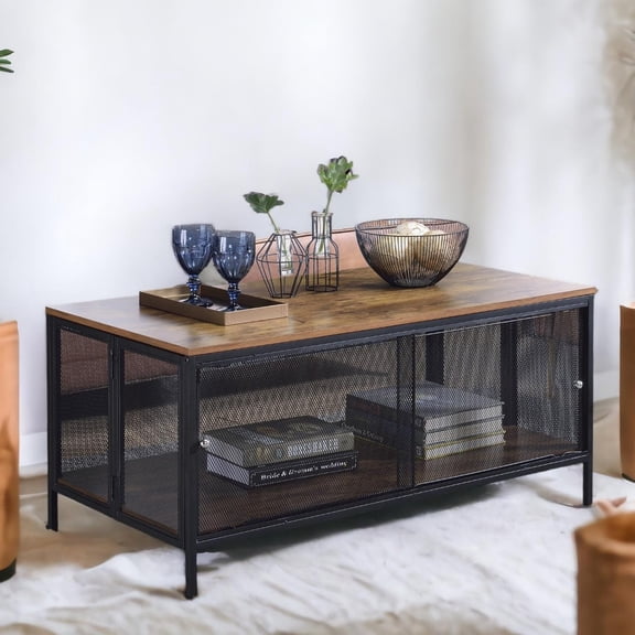 Gzxs Folding Coffee Table, 41" Center Table with Storage for Living Room, Modern Farmhouse Cocktail Table with Sliding Metal Doors, Space Saving Design, Black and Oak