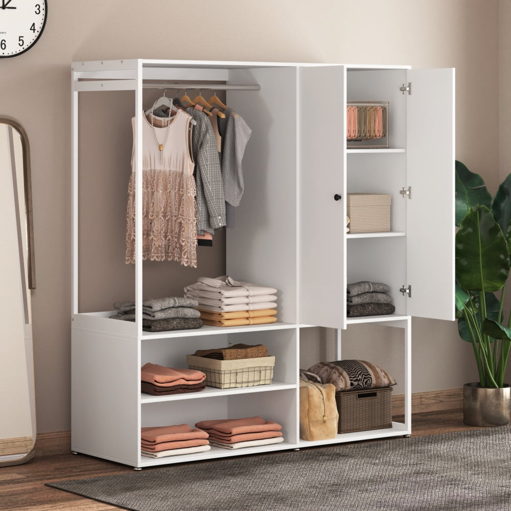 Gzxs Free Standing Wardrobe Closet with Hanging Rod, Open Shelves and 2 Doors, Clothes Storage Organizer, for Cloakroom, Bedroom, 55.12"L x 19.69"W x 62.99"H, White