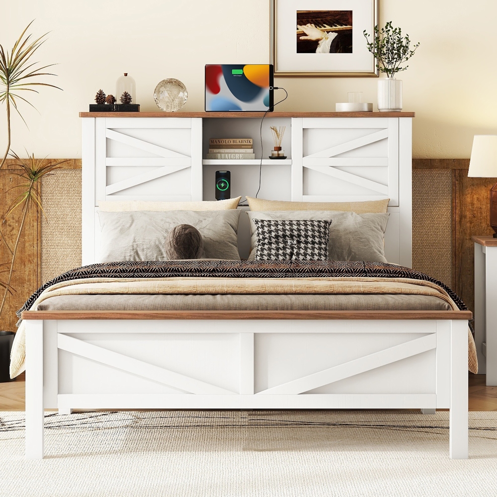Gzxs Full Size Farmhouse Platform Bed Frame with Storage Headboard, USB ...