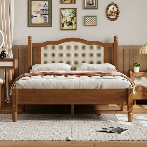 Gzxs Full Size Platform Bed, Vintage Bed Frame with Rattan Headboard and Wooden Slats Support, No Box Spring Needed, Walnut