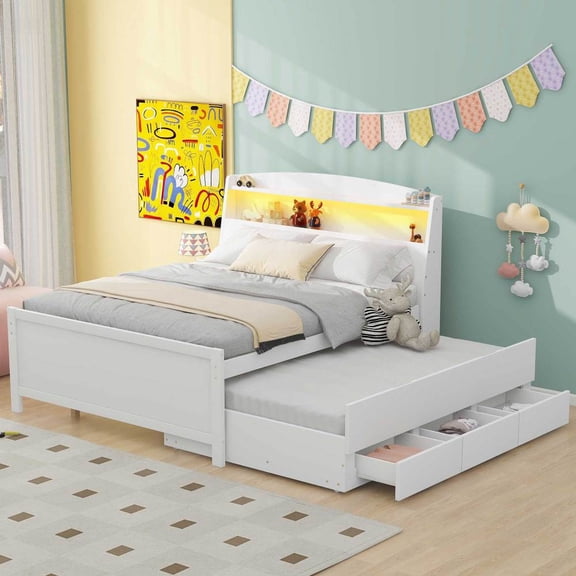 Gzxs Full Size Platform Bed with Storage LED Headboard, Wooden Captain Bed with Twin Trundle and 3 Drawers, White