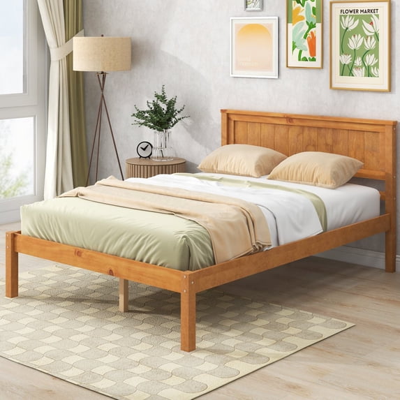 Gzxs Full Size Wood Platform Bed with Headboard, Oak