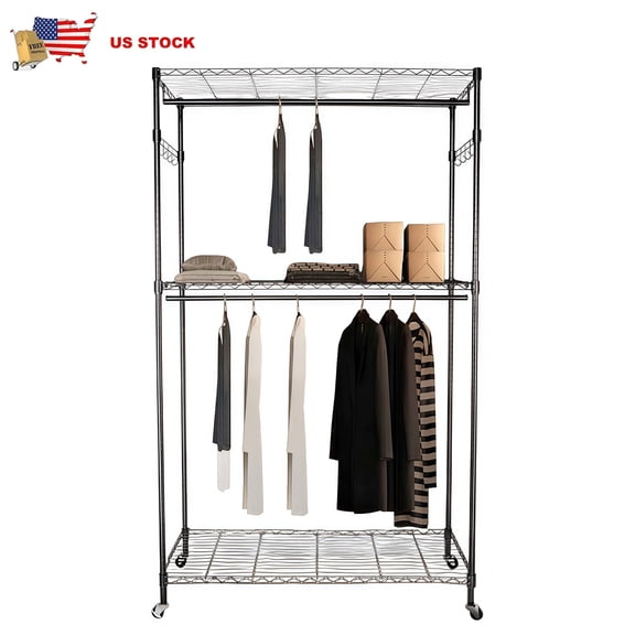 Gzxs Heavy Duty Metal Garment Rack, Movable Clothes Hanger Closet Organizer with 2 Tier Rod, Storage Shelves and Hooks, Black