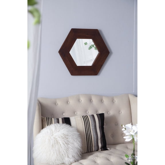 Gzxs Hexagon Mirror Wall Mounted 18.5" x 18.5", Mirrors for Wall, Brown Wooden Frame Wall Mirror