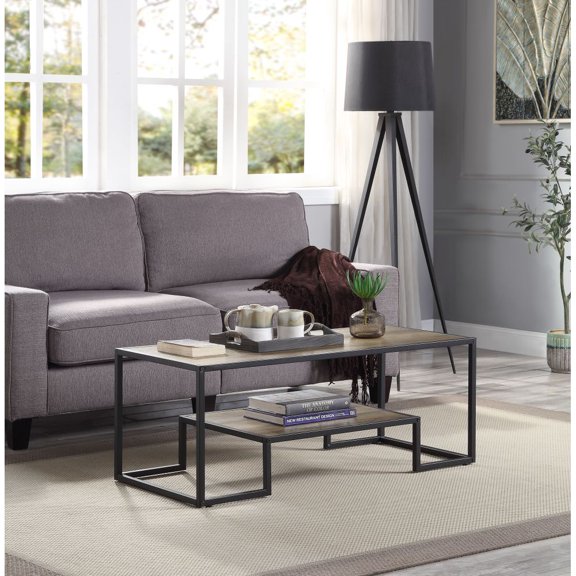 Gzxs Industrial Coffee Table in Rustic Oak & Black Finish, 2-Tier Rectangular Center Table for Living Room, 45"L x 20"W x 17"H