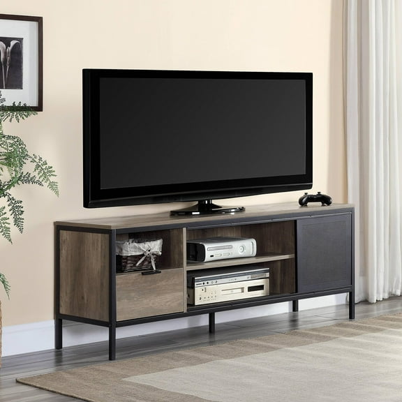 Gzxs Industrial Media Entertainment Center for Max 50" TVs, TV Stand with Open Shelves, Storage Drawer, Metal Sliding Door and Supporting Legs, 55"L x 16"W x 21"H (Rustic Oak & Black)