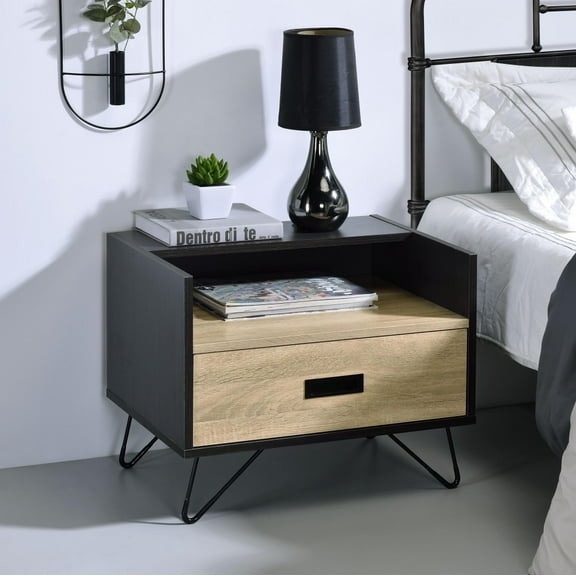 Gzxs Industrial Nightstand, Storage Bedside Table with Drawer and Shelf, Metal Legs, 16"D x 21"W x 19"H, Oak & Black Finish