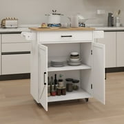 Gzxs Kitchen Cart with Rubber Wood Tabletop, 37.99 Rolling Kitchen Island with Drawer and Adjustable Shelf, 2-Doors Storage Cabinet with Spice Rack and Towel Bar for Dining Room Living Room, White